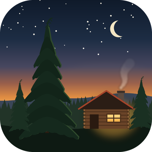 Fifty Acres app icon: a log cabin under a hemlock at dusk