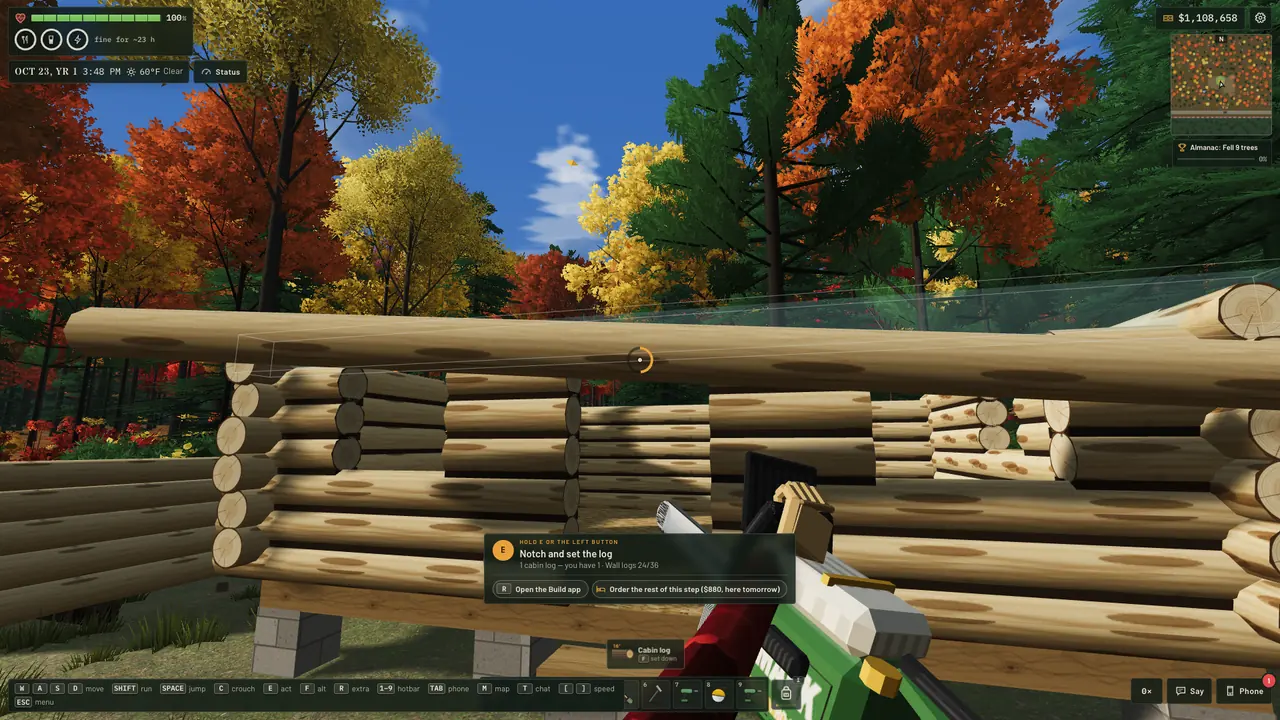 First person at the cabin wall: a translucent ghost log over the top course and the prompt to notch and set it