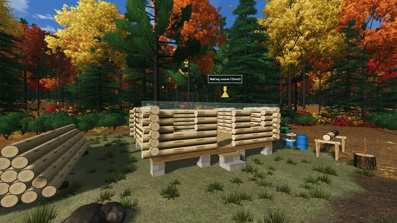 A log cabin half built on block piers, with the next wall log glowing as a labeled ghost