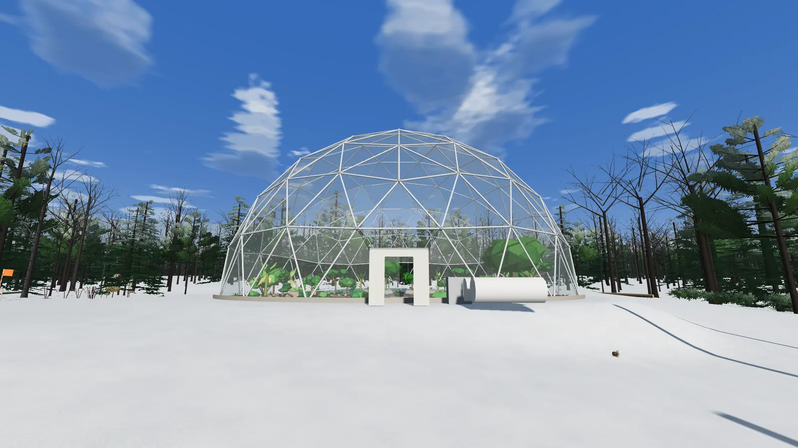 The 115-foot geodesic dome glowing green with tropical trees inside, alone in a snowy clearing