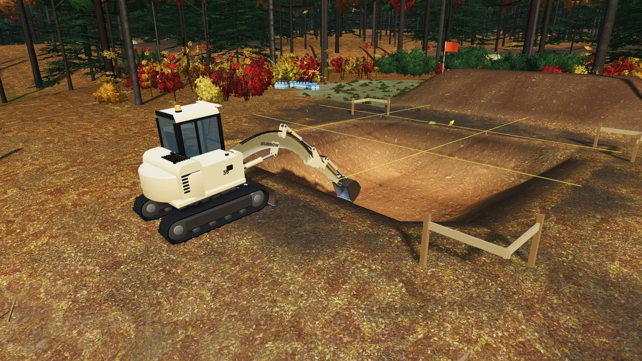 A mini excavator digging a staked cellar hole