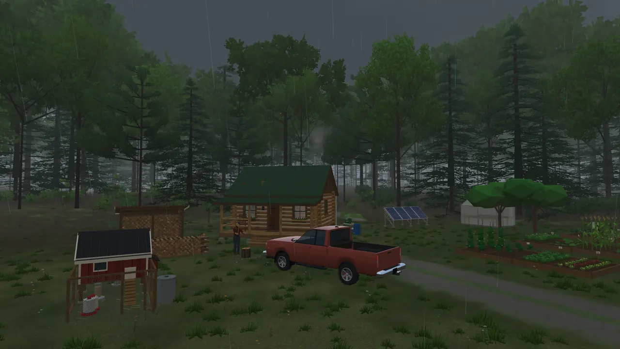 A summer rainstorm over the homestead, with dark clouds and mist in the trees