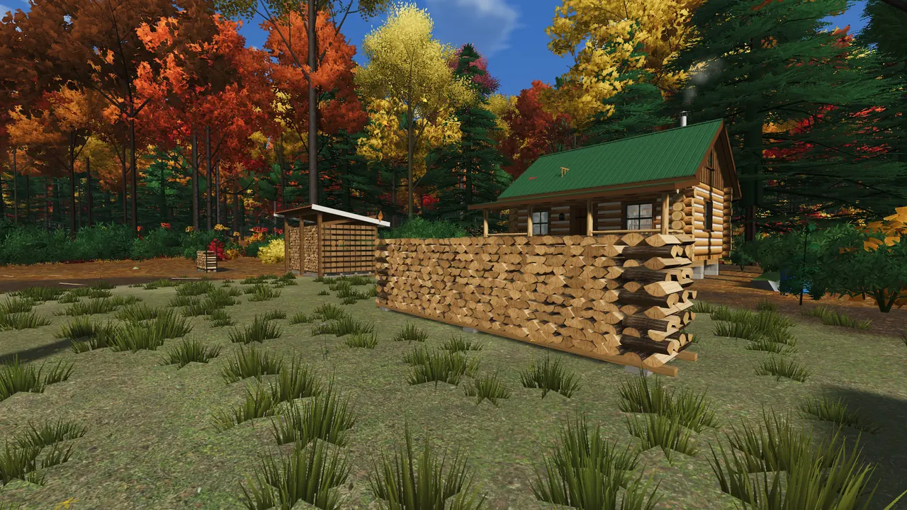 A full 16-foot double rick of firewood with the woodshed and log cabin behind