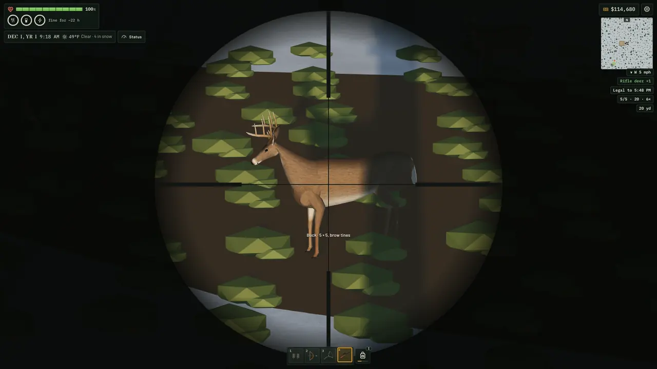 A riflescope on a buck in a snowy food plot during December rifle season